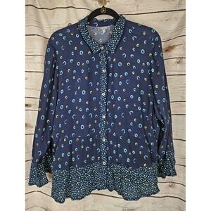 Habitat Navy Blue Floral Top XL 3/4 Sleeves Rayon Layered Boho Cottage